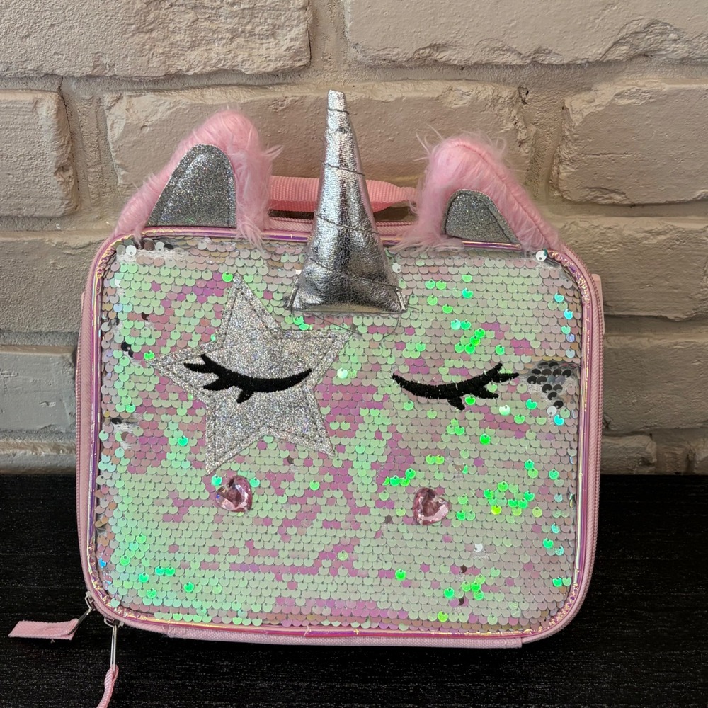 Kids Iridescent Flip Sequin Unicorn Lunch Box Pink Holographic